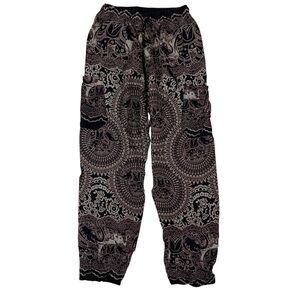 The‎ Elephant Pants Black Beige Elephant Print Boho Harem Pants S Lounge Yoga